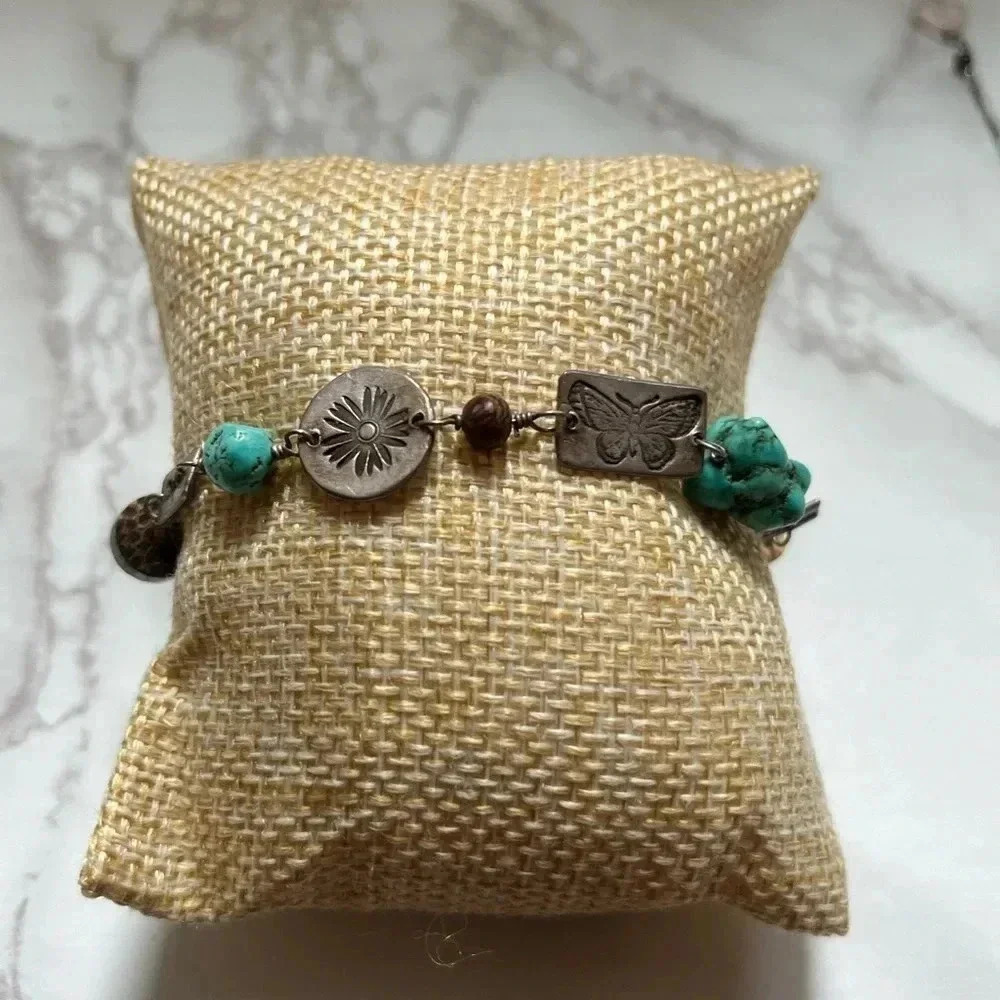 Boho Silver Turquoise and Beaded Bracelet 7"